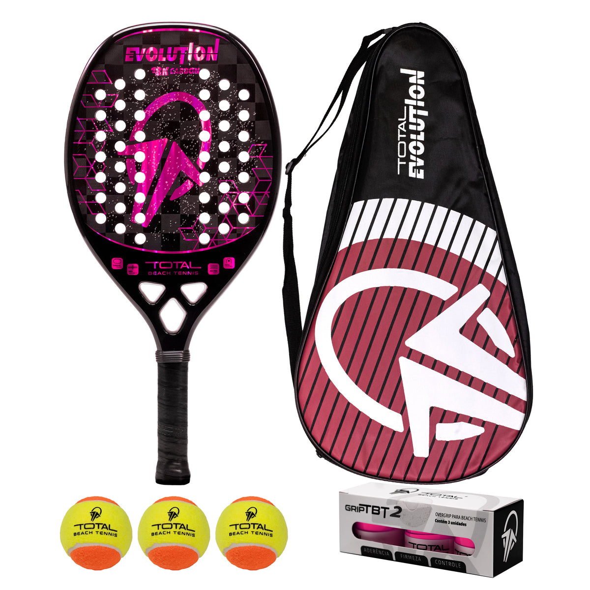 Kit Raquete Beach Tennis Total Evolution Violeta + Bola + Grip + Fita