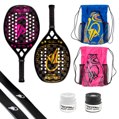 Kit Dupla Campeã com 2 Raquetes Carbono 18k + 2 Mochilas + 2 Grips + 2 Fitas Protetoras - Total Beach Tennis