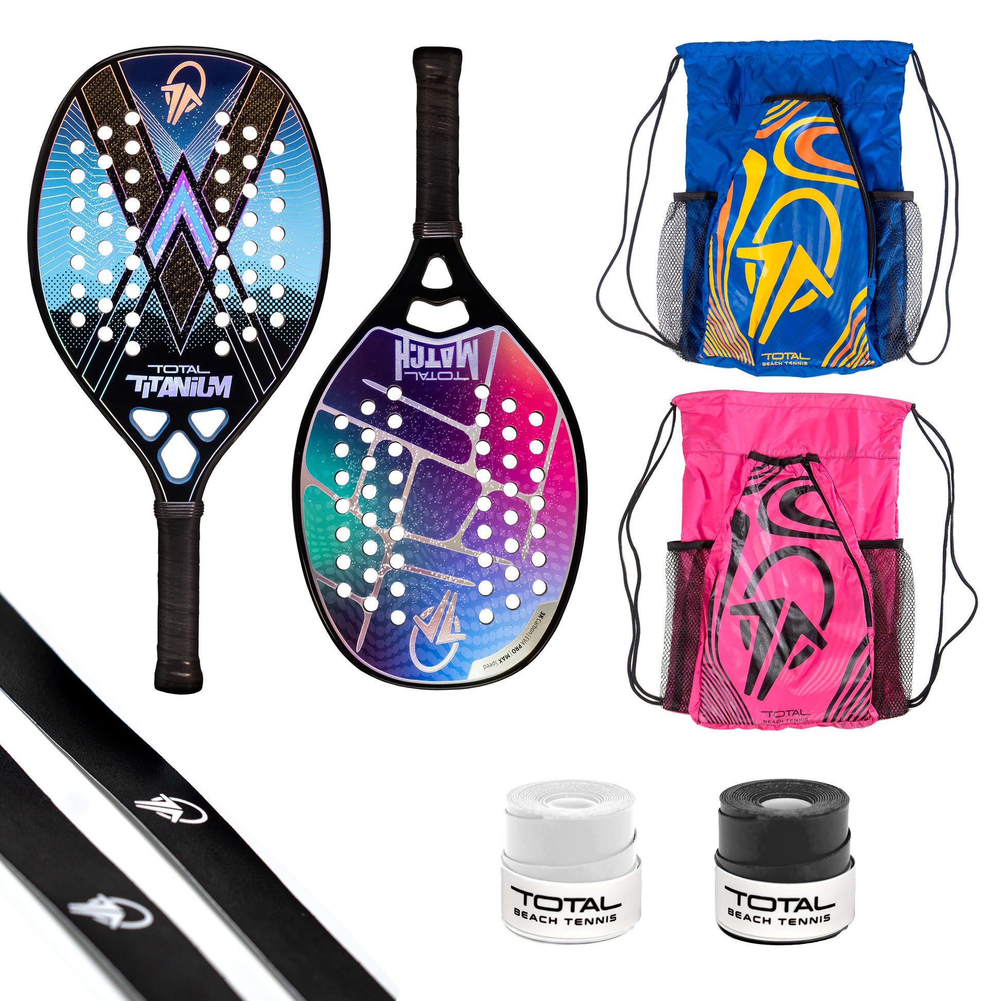 Kit Dupla Campeã com 2 Raquetes Carbono 3k + 2 Mochilas + 2 Grips + 2 Fitas Protetoras - Total Beach Tennis