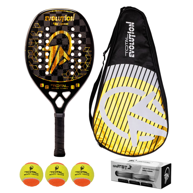 Kit Raquete Beach Tennis Total Evolution Golden + 3 Bolas + 3 Overgrips + 1 Fita + Capa - Total Beach Tennis