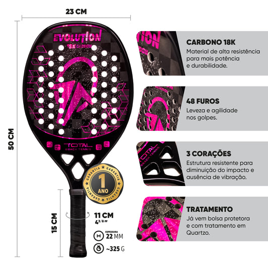 Kit Raquete Beach Tennis Total Evolution Violeta + 3 Bolas + 3 Overgrips + 1 Fita + Capa - Total Beach Tennis