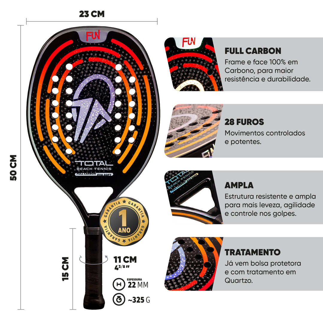 Kit Raquete Beach Tennis Total Fun + Bola + Grip + Fita + Capa
