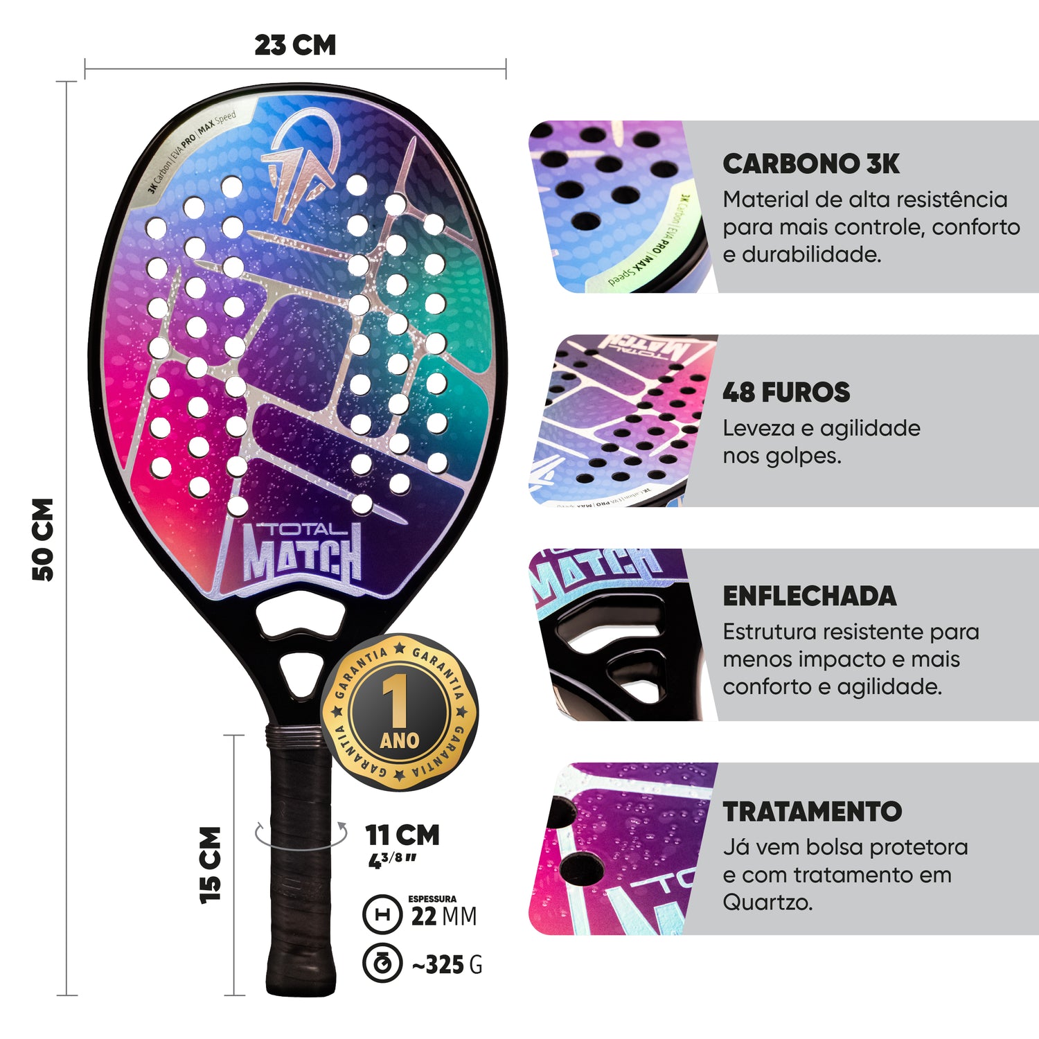 Kit Raquete Beach Tennis Total Match + 3 Bolas + 3 Overgrips + 1 Fita + Capa - Total Beach Tennis