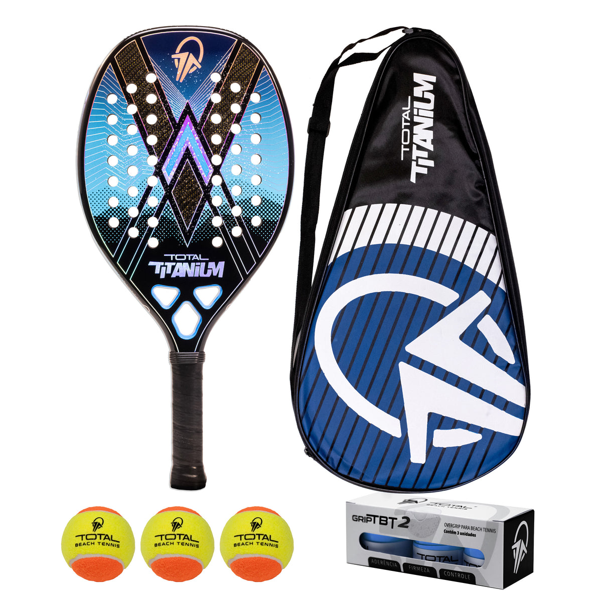 Kit Raquete Beach Tennis Total Titanium + 3 Bolas + 3 Overgrips + 1 Fita + Capa - Total Beach Tennis