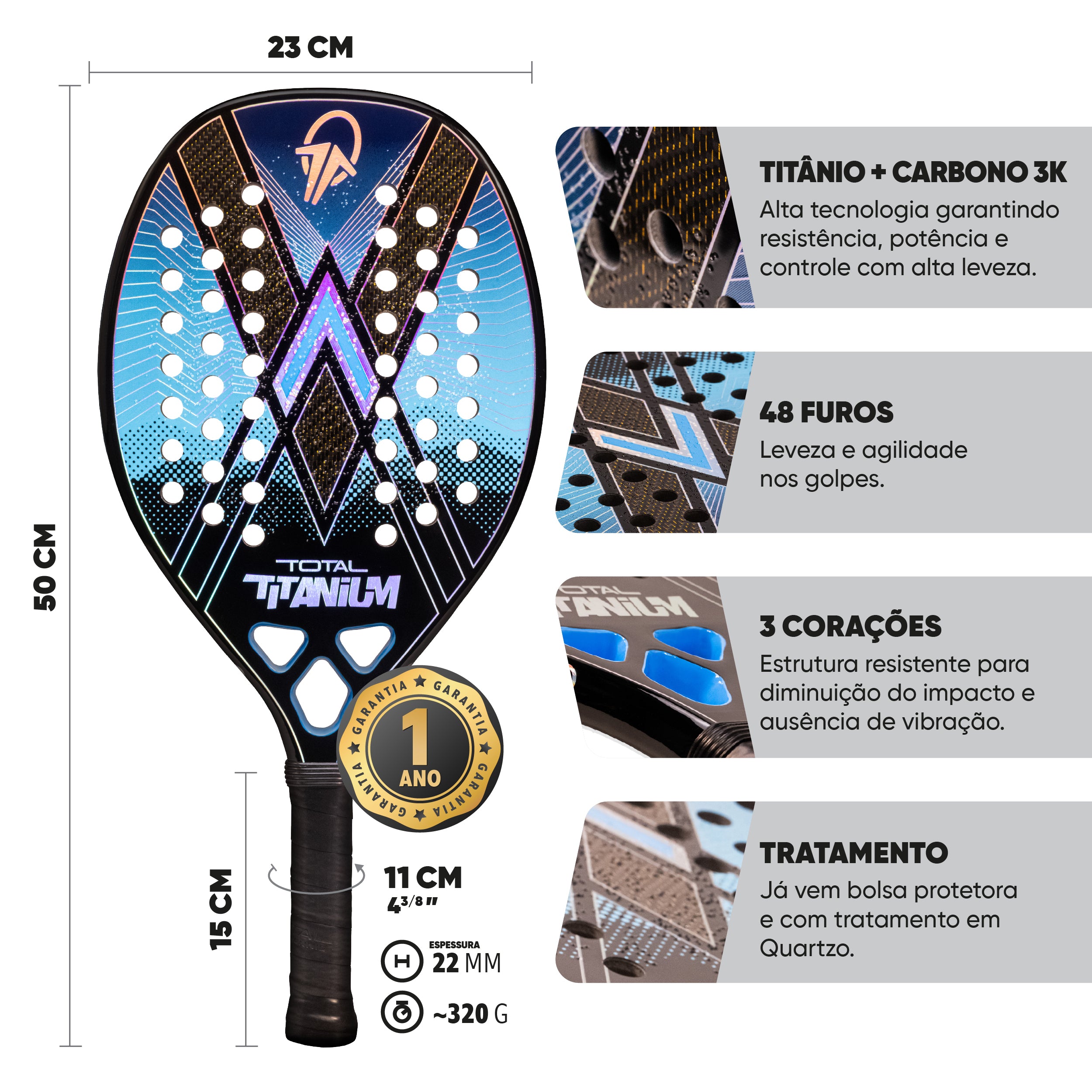Kit Raquete Beach Tennis Total Titanium + 3 Bolas + 3 Overgrips + 1 Fita + Capa - Total Beach Tennis